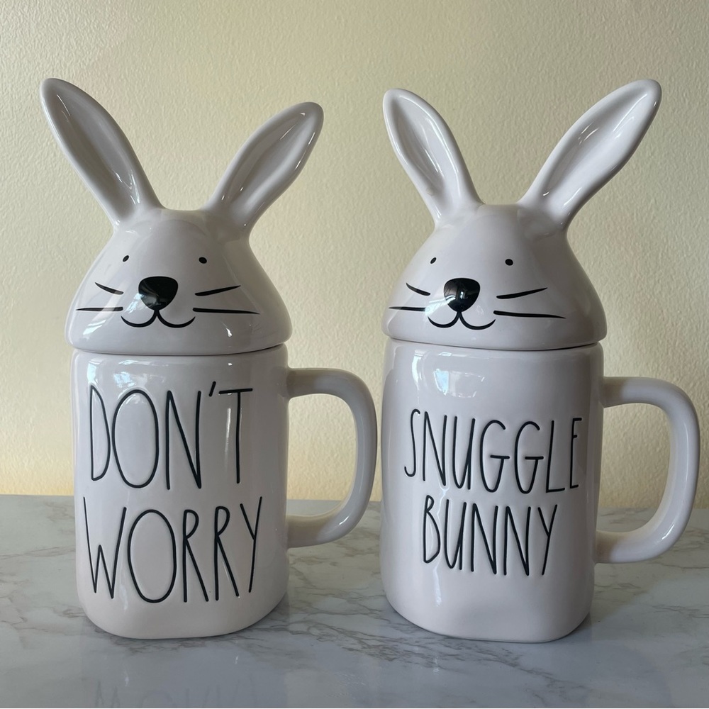 Rae Dunn Collectible Set two 2 Easter bunny shape spring mugs ceramic mug white